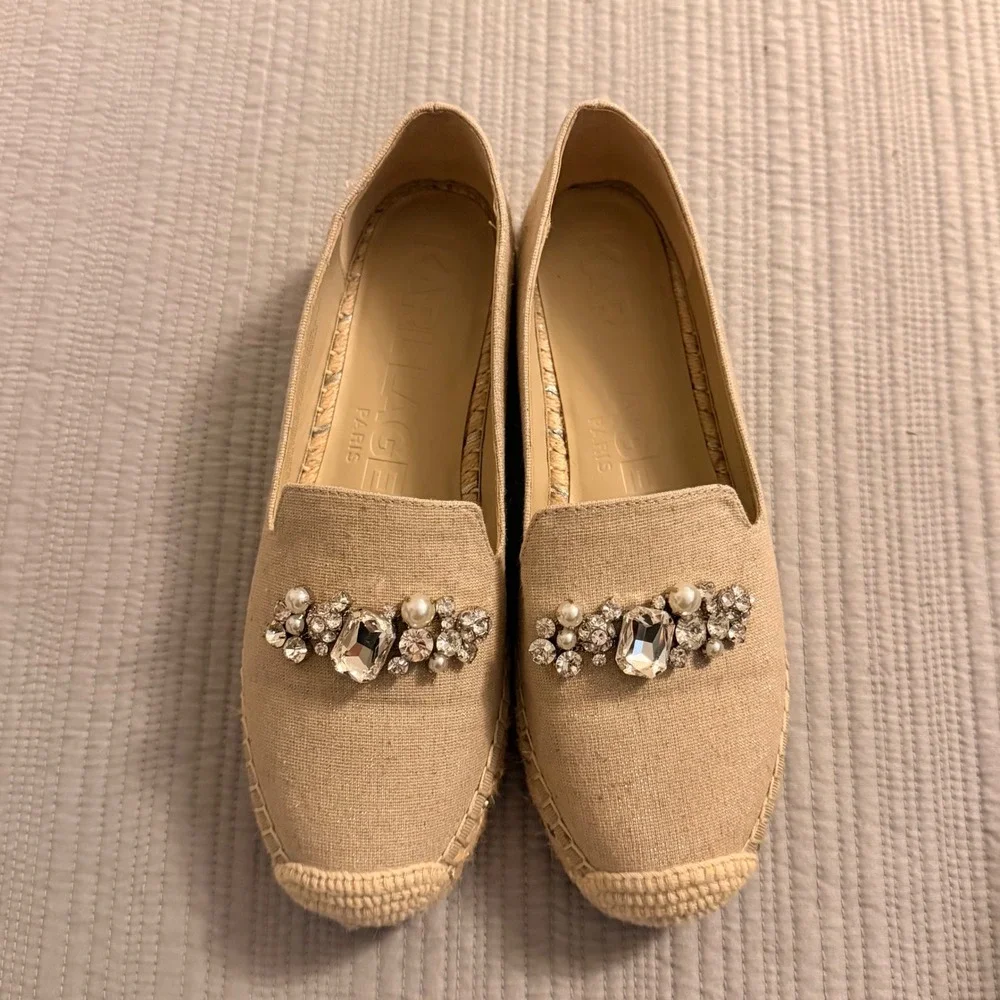 Karl Lagerfeld Paris Womens Margie Gold Crystal Pearl Espadrille Flats Shoes 8M